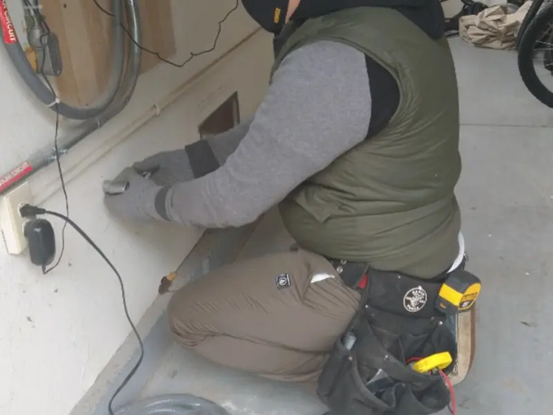 Electrician performing outlet wiring in a LaGrange garage